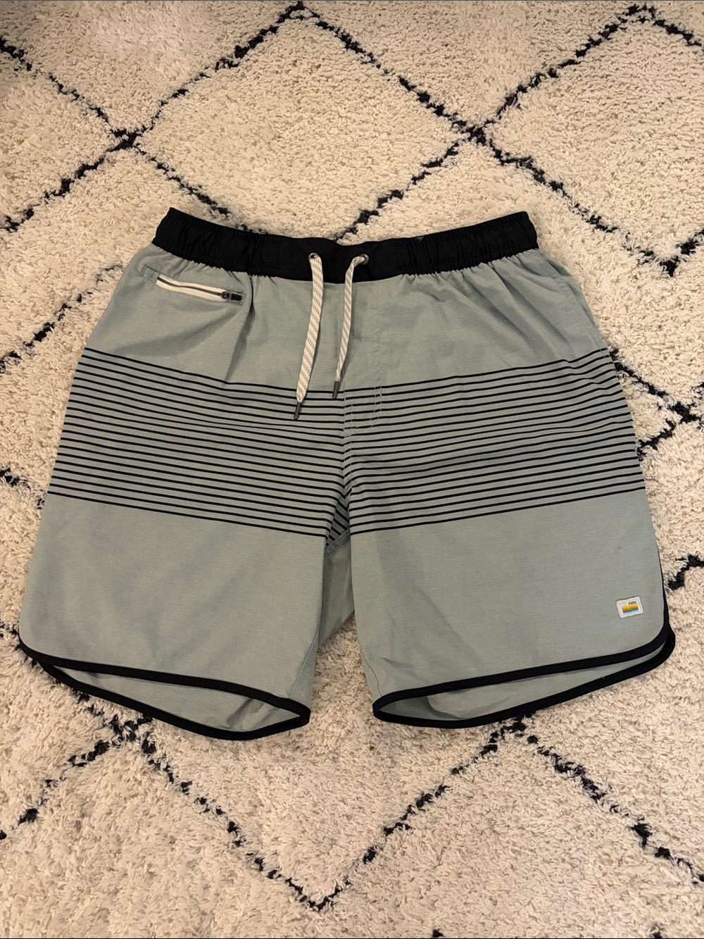 Men's Light Green Stripe Swim Trunks with Black Waistband